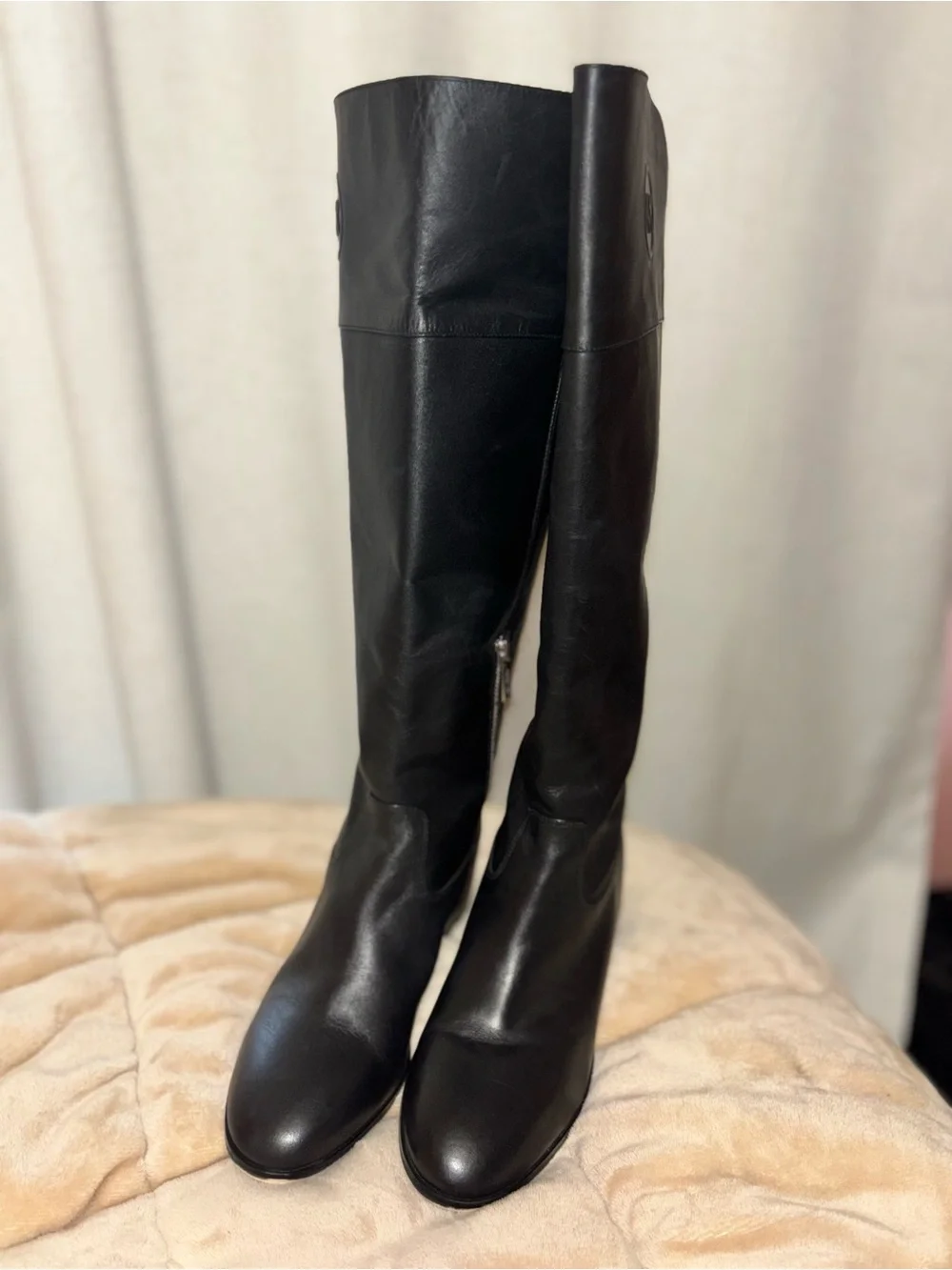 Michael Kors Black Leather Tall Riding Boots with MK Medallion